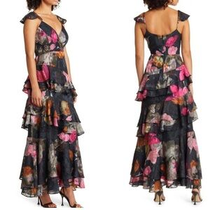 HUTCH Miah Chiffon Black Floral Tiered Ruffle Maxi size 4
